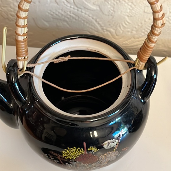 Vintage Japan Tea set black gilded floral bird teapot set with 5 gold trim cups - Picture 10 of 14